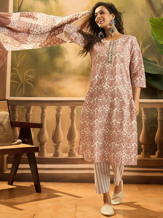 Stylum Women's Rust Floral Printed Cotton Straight Kurta Pant Dupatta Set (KPDRUSTSUMIN)