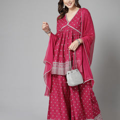 Stylum Women's Ethnic Motif Printed Naira Cut Rayon Kurta Palazzo Dupatta Set (KPDSANJH)