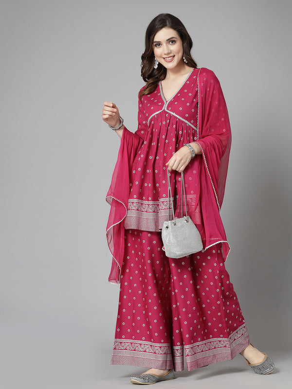 Stylum Women's Ethnic Motif Printed Naira Cut Rayon Kurta Palazzo Dupatta Set (KPDSANJH)