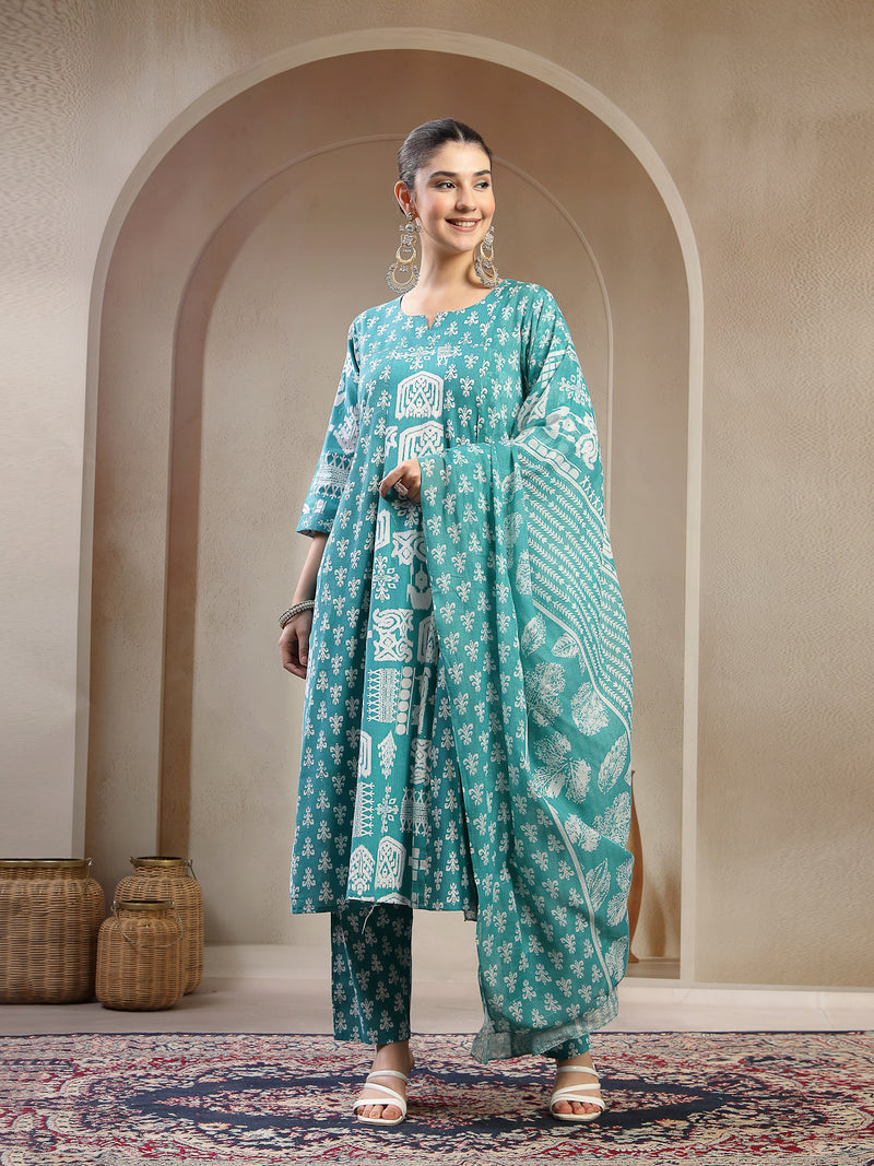 Stylum Women's Sea Green Printed Cotton Flared Kurta Pant Dupatta Set (KPDSKYDAKSHA)