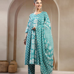 Stylum Women's Sea Green Printed Cotton Flared Kurta Pant Dupatta Set (KPDSKYDAKSHA)