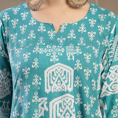 Stylum Women's Sea Green Printed Cotton Flared Kurta Pant Dupatta Set (KPDSKYDAKSHA)