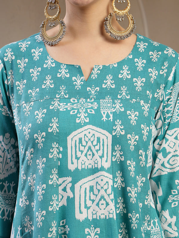 Stylum Women's Sea Green Printed Cotton Flared Kurta Pant Dupatta Set (KPDSKYDAKSHA)