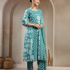 Stylum Women's Sea Green Printed Cotton Flared Kurta Pant Dupatta Set (KPDSKYDAKSHA)