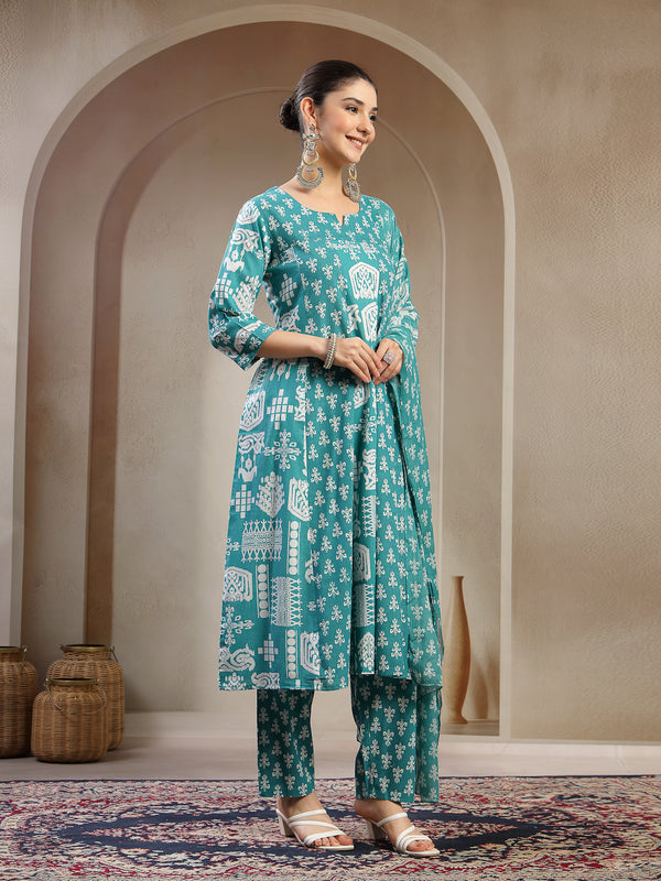 Stylum Women's Sea Green Printed Cotton Flared Kurta Pant Dupatta Set (KPDSKYDAKSHA)