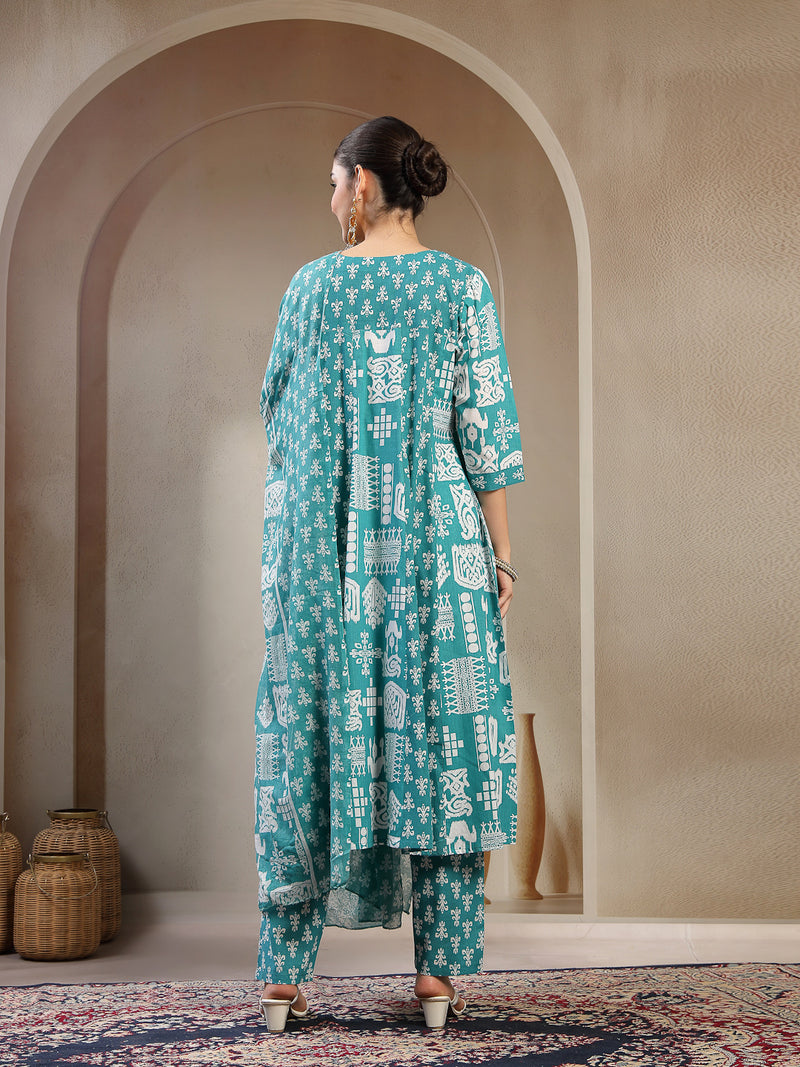 Stylum Women's Sea Green Printed Cotton Flared Kurta Pant Dupatta Set (KPDSKYDAKSHA)