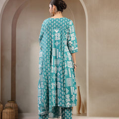 Stylum Women's Sea Green Printed Cotton Flared Kurta Pant Dupatta Set (KPDSKYDAKSHA)