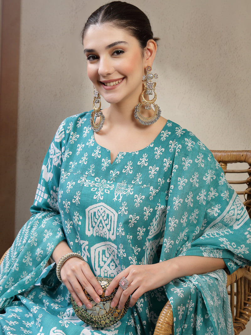 Stylum Women's Sea Green Printed Cotton Flared Kurta Pant Dupatta Set (KPDSKYDAKSHA)