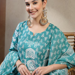 Stylum Women's Sea Green Printed Cotton Flared Kurta Pant Dupatta Set (KPDSKYDAKSHA)