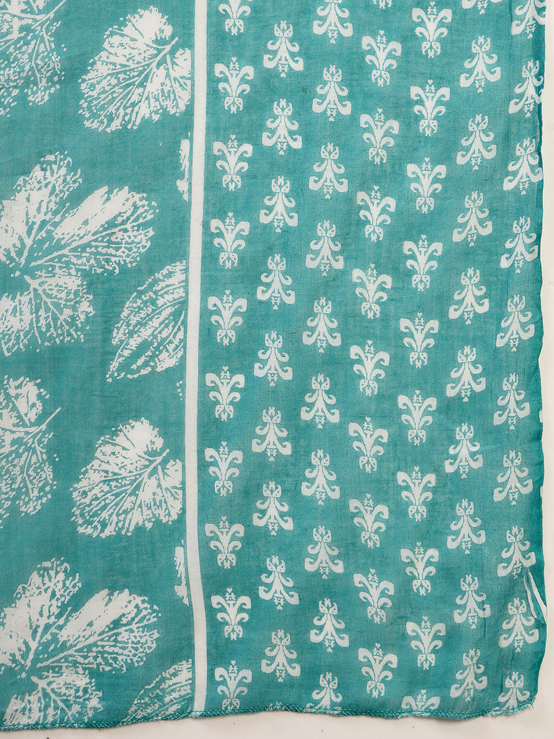 Stylum Women's Sea Green Printed Cotton Flared Kurta Pant Dupatta Set (KPDSKYDAKSHA)