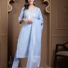 Stylum Women's Printed & Embellished Cotton Straight Kurta Pant Dupatta Set (KPDSKYDRIVE)