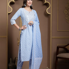 Stylum Women's Printed & Embellished Cotton Straight Kurta Pant Dupatta Set (KPDSKYDRIVE)