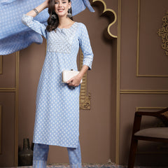 Stylum Women's Printed & Embellished Cotton Straight Kurta Pant Dupatta Set (KPDSKYDRIVE)