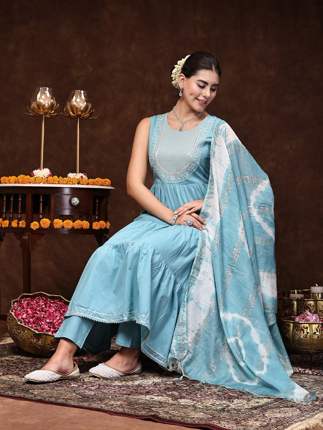 Stylum Women's Aqua Blue Solid & Embroidered Cotton Tiered Kurta Pant Dupatta Set (KPDSKYLIMA)