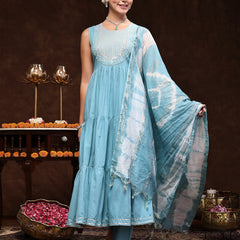 Stylum Women's Aqua Blue Solid & Embroidered Cotton Tiered Kurta Pant Dupatta Set (KPDSKYLIMA)