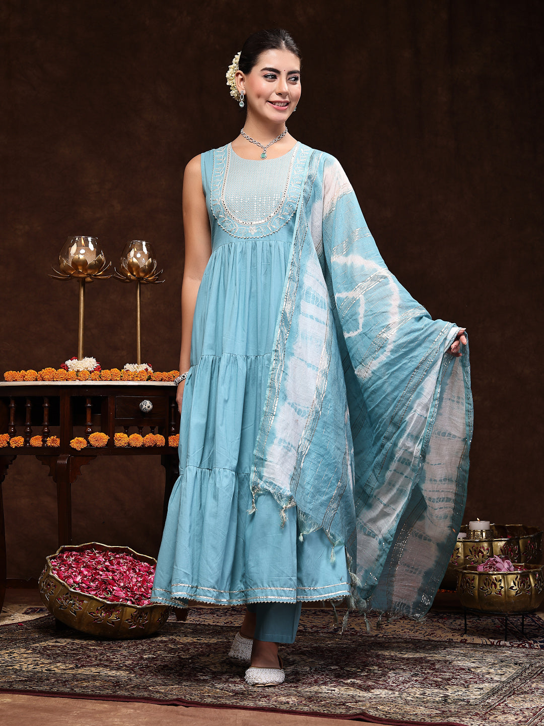 Stylum Women's Aqua Blue Solid & Embroidered Cotton Tiered Kurta Pant Dupatta Set (KPDSKYLIMA)