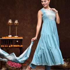 Stylum Women's Aqua Blue Solid & Embroidered Cotton Tiered Kurta Pant Dupatta Set (KPDSKYLIMA)