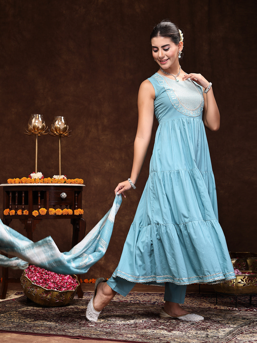 Stylum Women's Aqua Blue Solid & Embroidered Cotton Tiered Kurta Pant Dupatta Set (KPDSKYLIMA)