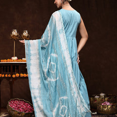 Stylum Women's Aqua Blue Solid & Embroidered Cotton Tiered Kurta Pant Dupatta Set (KPDSKYLIMA)