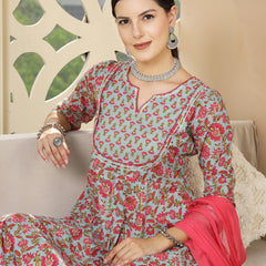 Stylum Women's Turquoise Madhubani Printed Cotton Anarkali Kurta Pant Dupatta Set (KPDSKYMANVI)