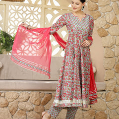 Stylum Women's Turquoise Madhubani Printed Cotton Anarkali Kurta Pant Dupatta Set (KPDSKYMANVI)