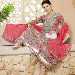 Stylum Women's Turquoise Madhubani Printed Cotton Anarkali Kurta Pant Dupatta Set (KPDSKYMANVI)