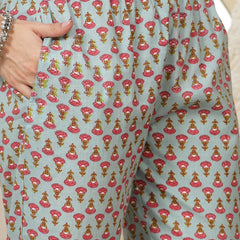 Stylum Women's Turquoise Madhubani Printed Cotton Anarkali Kurta Pant Dupatta Set (KPDSKYMANVI)