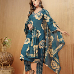 Stylum Women's Sky Blue Floral Printed Cotton Straight Kurta Pant Dupatta Set (KPDSKYMELLOW)