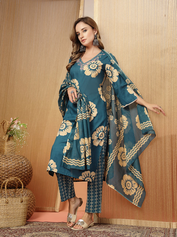 Stylum Women's Sky Blue Floral Printed Cotton Straight Kurta Pant Dupatta Set (KPDSKYMELLOW)