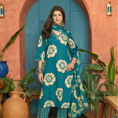 Stylum Women's Sky Blue Floral Printed Cotton Straight Kurta Pant Dupatta Set (KPDSKYMELLOW)