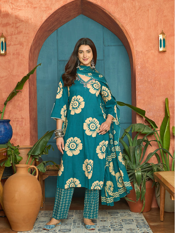 Stylum Women's Sky Blue Floral Printed Cotton Straight Kurta Pant Dupatta Set (KPDSKYMELLOW)