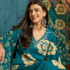 Stylum Women's Sky Blue Floral Printed Cotton Straight Kurta Pant Dupatta Set (KPDSKYMELLOW)