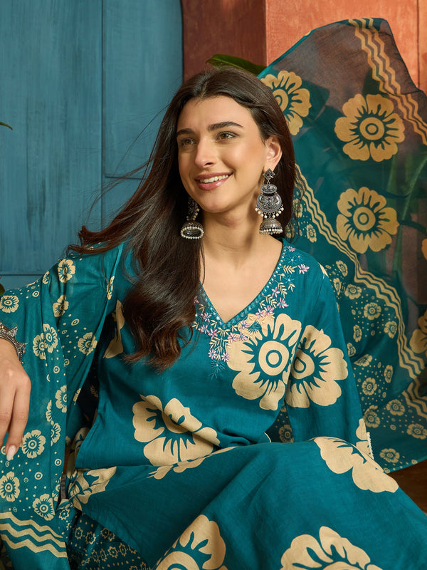 Stylum Women's Sky Blue Floral Printed Cotton Straight Kurta Pant Dupatta Set (KPDSKYMELLOW)