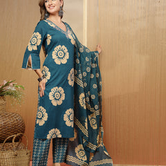 Stylum Women's Sky Blue Floral Printed Cotton Straight Kurta Pant Dupatta Set (KPDSKYMELLOW)