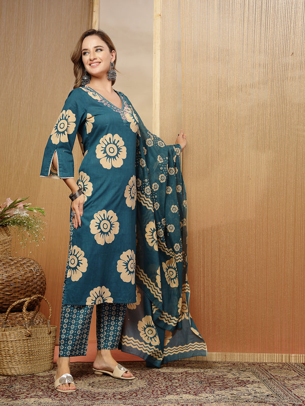 Stylum Women's Sky Blue Floral Printed Cotton Straight Kurta Pant Dupatta Set (KPDSKYMELLOW)