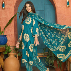 Stylum Women's Sky Blue Floral Printed Cotton Straight Kurta Pant Dupatta Set (KPDSKYMELLOW)