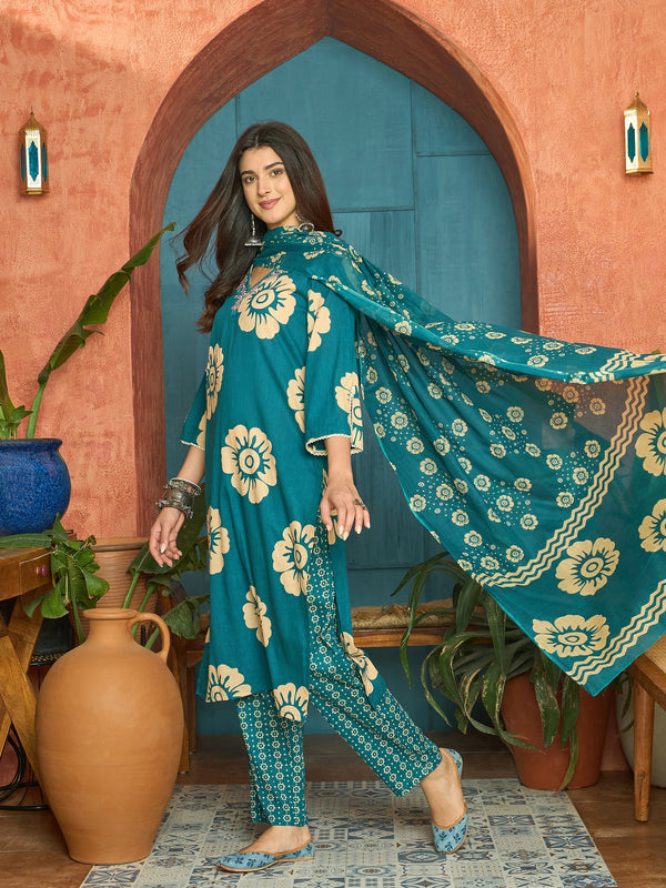 Stylum Women's Sky Blue Floral Printed Cotton Straight Kurta Pant Dupatta Set (KPDSKYMELLOW)