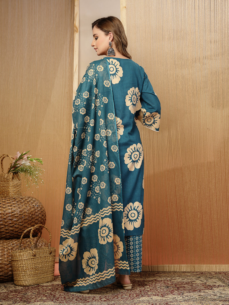 Stylum Women's Sky Blue Floral Printed Cotton Straight Kurta Pant Dupatta Set (KPDSKYMELLOW)