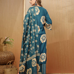 Stylum Women's Sky Blue Floral Printed Cotton Straight Kurta Pant Dupatta Set (KPDSKYMELLOW)