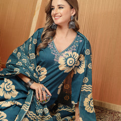 Stylum Women's Sky Blue Floral Printed Cotton Straight Kurta Pant Dupatta Set (KPDSKYMELLOW)