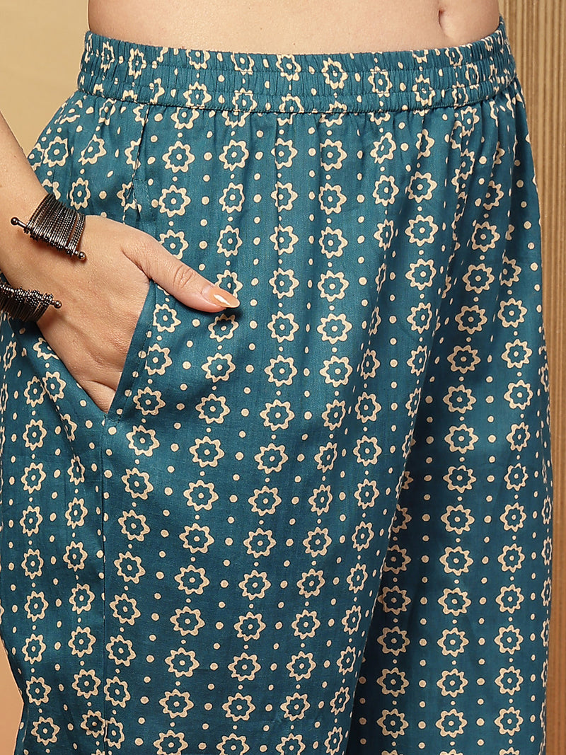 Stylum Women's Sky Blue Floral Printed Cotton Straight Kurta Pant Dupatta Set (KPDSKYMELLOW)