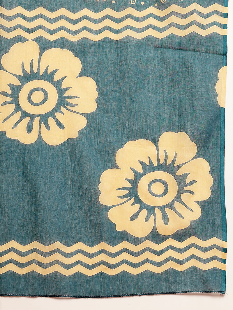 Stylum Women's Sky Blue Floral Printed Cotton Straight Kurta Pant Dupatta Set (KPDSKYMELLOW)