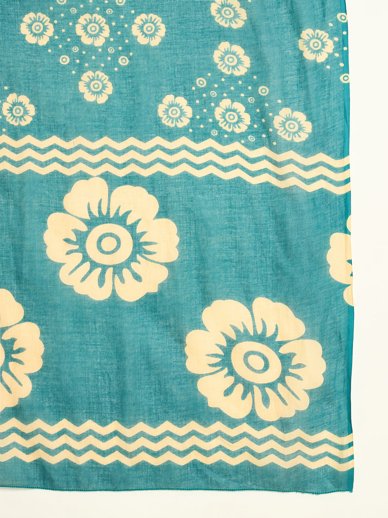 Stylum Women's Sky Blue Floral Printed Cotton Straight Kurta Pant Dupatta Set (KPDSKYMELLOW)