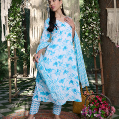 Stylum Women's Sky Blue Floral Printed Cotton A-Line Kurta Pant Dupatta Set (KPDSKYMORINGA)