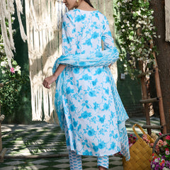 Stylum Women's Sky Blue Floral Printed Cotton A-Line Kurta Pant Dupatta Set (KPDSKYMORINGA)