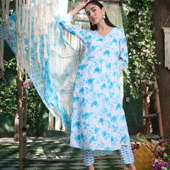 Stylum Women's Sky Blue Floral Printed Cotton A-Line Kurta Pant Dupatta Set (KPDSKYMORINGA)