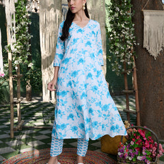Stylum Women's Sky Blue Floral Printed Cotton A-Line Kurta Pant Dupatta Set (KPDSKYMORINGA)