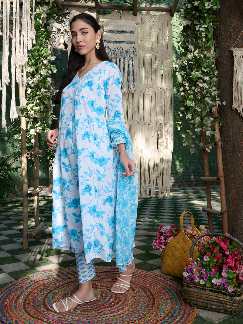 Stylum Women's Sky Blue Floral Printed Cotton A-Line Kurta Pant Dupatta Set (KPDSKYMORINGA)