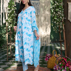 Stylum Women's Sky Blue Floral Printed Cotton A-Line Kurta Pant Dupatta Set (KPDSKYMORINGA)