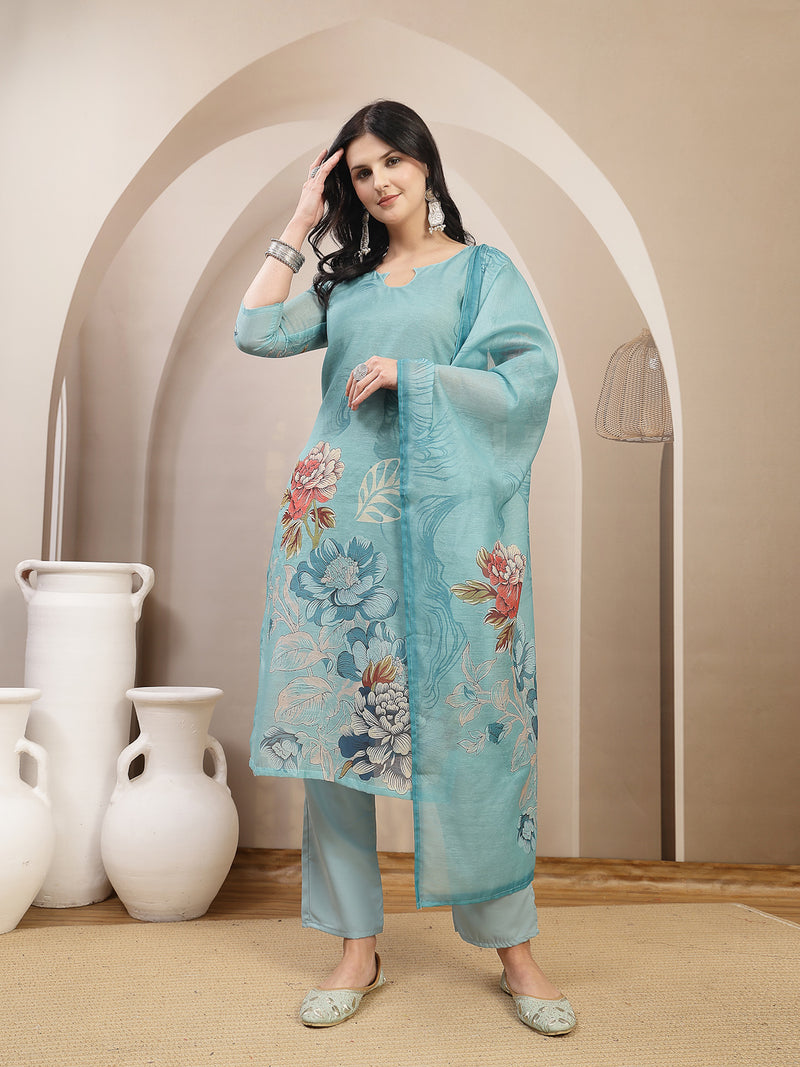 Stylum Women's Sky Blue Floral Printed Chanderi Silk Straight Kurta Pant Dupatta Set (KPDSKYPANNY)